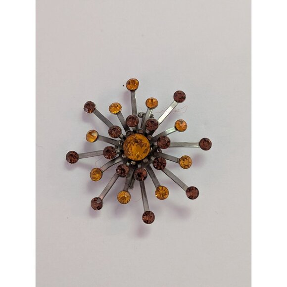 Vintage Atomic Starburst Brooch With Amber & Brown Rhinestones Silver-Tone - Picture 2 of 5